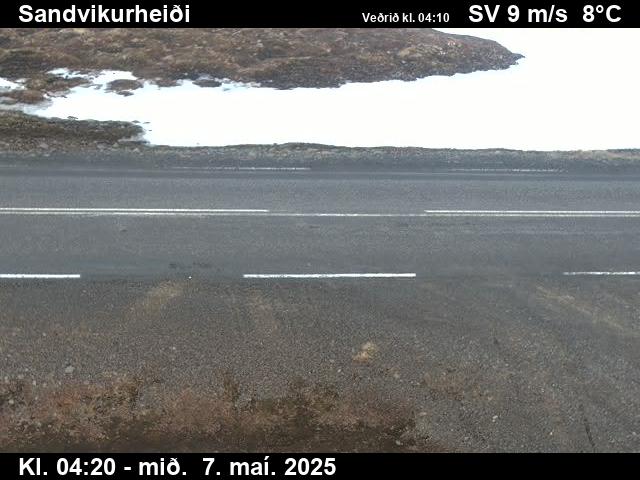 Click for full screen live camera. Sandvikurheiði séð niður á veg