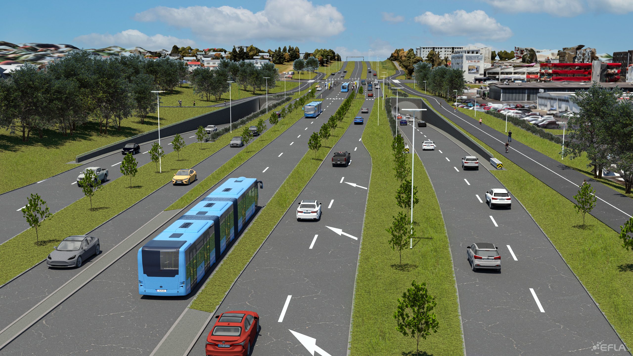 Tölvugerð mynd af jarðgangamunna í austurenda Miklubrautarganga.