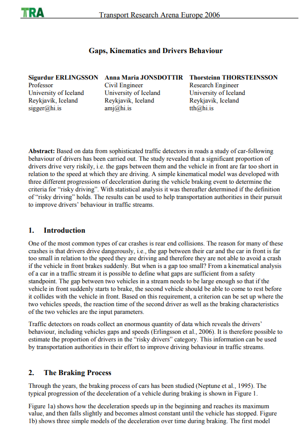 Gaps, Kinematics and Drivers Behaviour, grein birt á ráðstefnu TRA