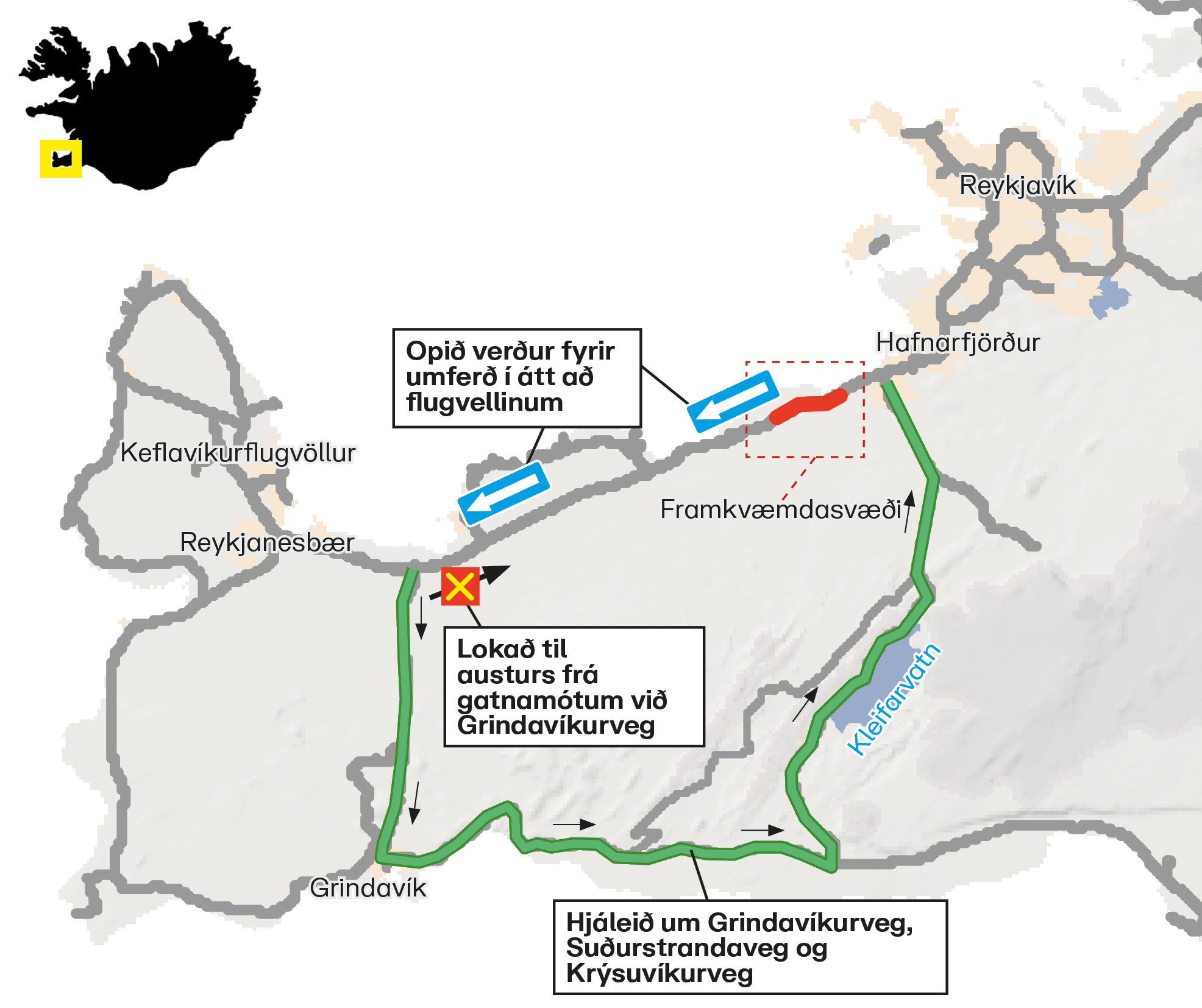 Kort sem sýnir hjáleið vegna lokunar Reykjanesbrautar. Opið verður fyrir umferð til Suðurnesja og flugvallarins allan framkvæmdatímann.
