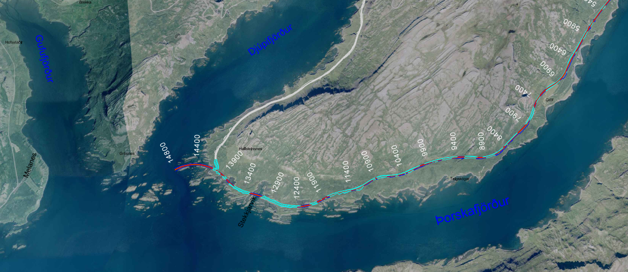 Kort sem sýnir framkvæmdirnar við veginn gegnum Teigsskóg sem nú er verið að klára.