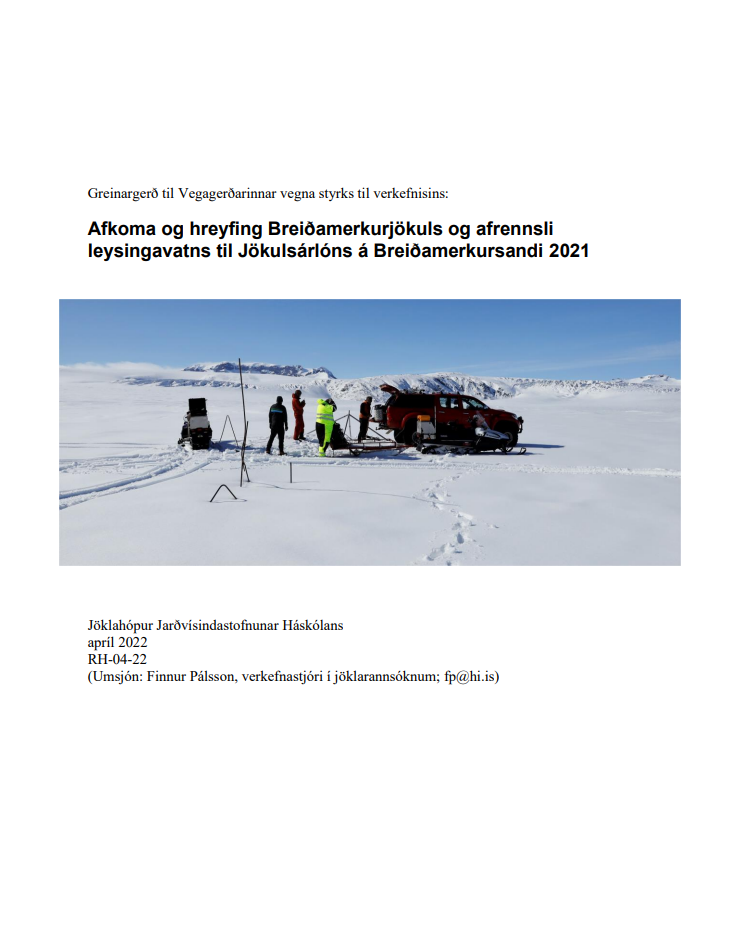 Forsíða skýrlsunnar afkoma og hreyfing Breiðmerkursjökuls og afrennsli