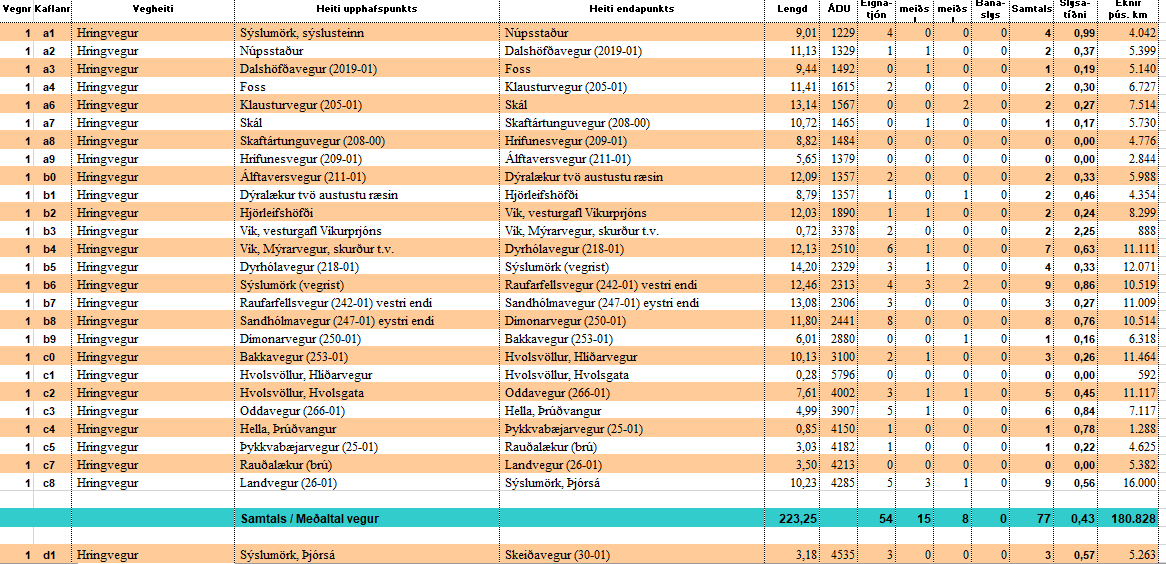 Mynd af excel skjalinu - slysatíðni 2019
