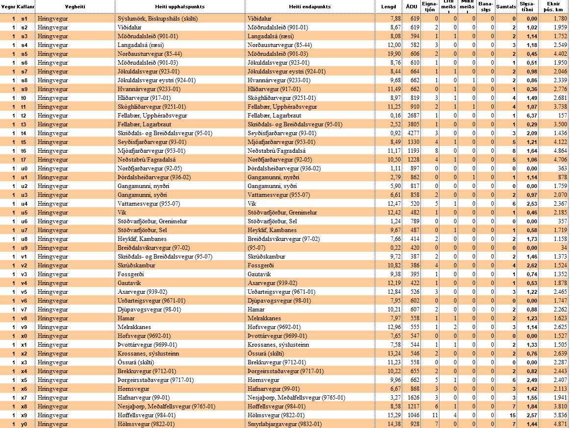 Mynd af excel skjalinu slysatíðni á Austursvæði 2018