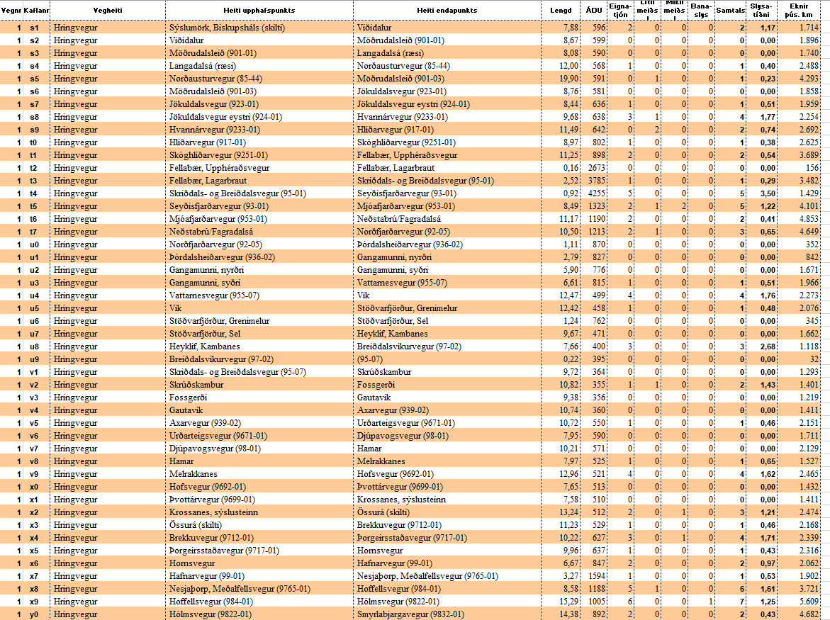 Mynd af excel skjalinu slysatíðni á Austursvæði 2019