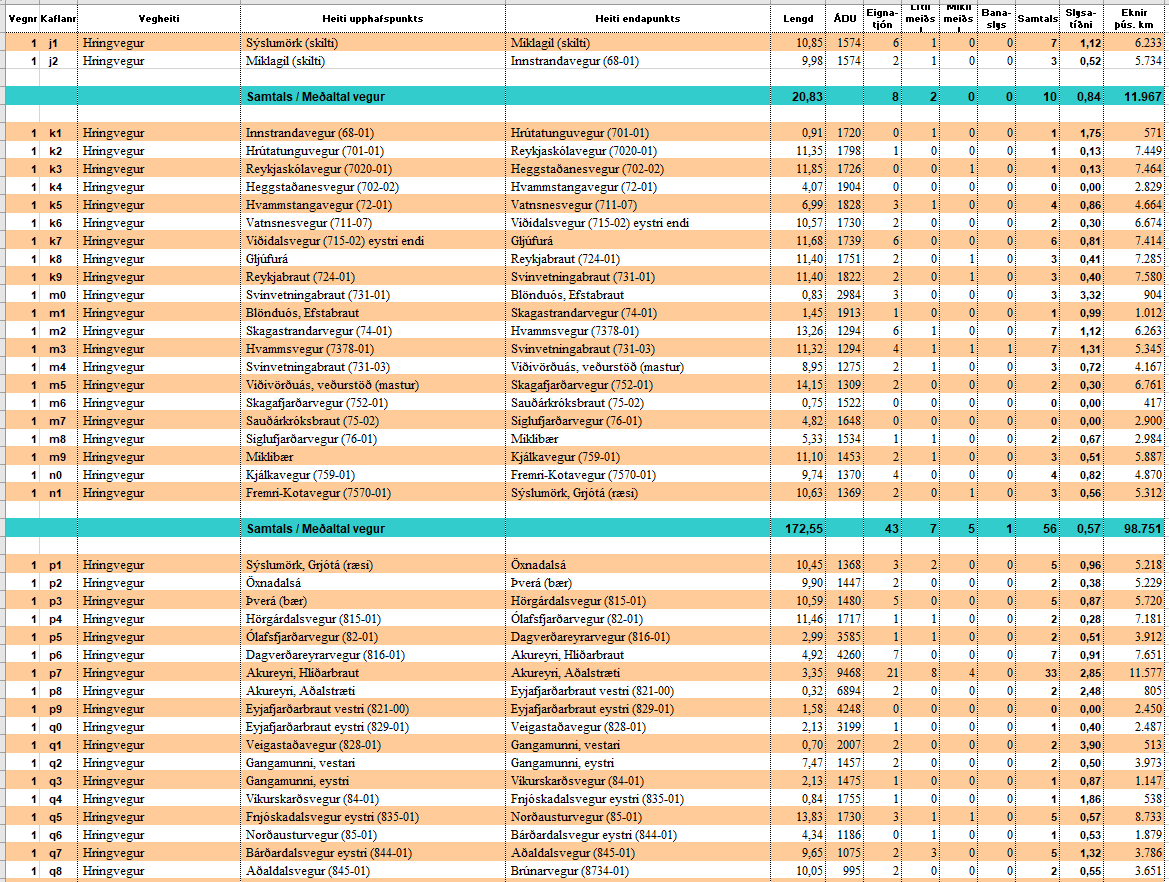 Mynd af excel skjalinu slysatíðni á Norðursvæði 2019