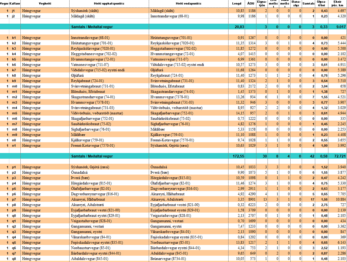 Mynd af excel skjalinu slysatíðni á Norðursvæði 2020