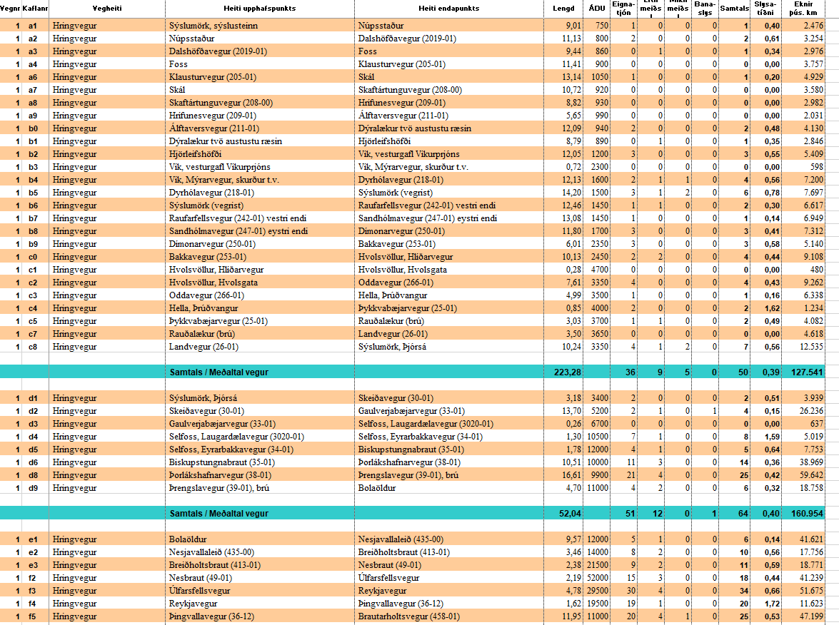 Mynd af skjalinu slysatíðni - suðursvæði 2021