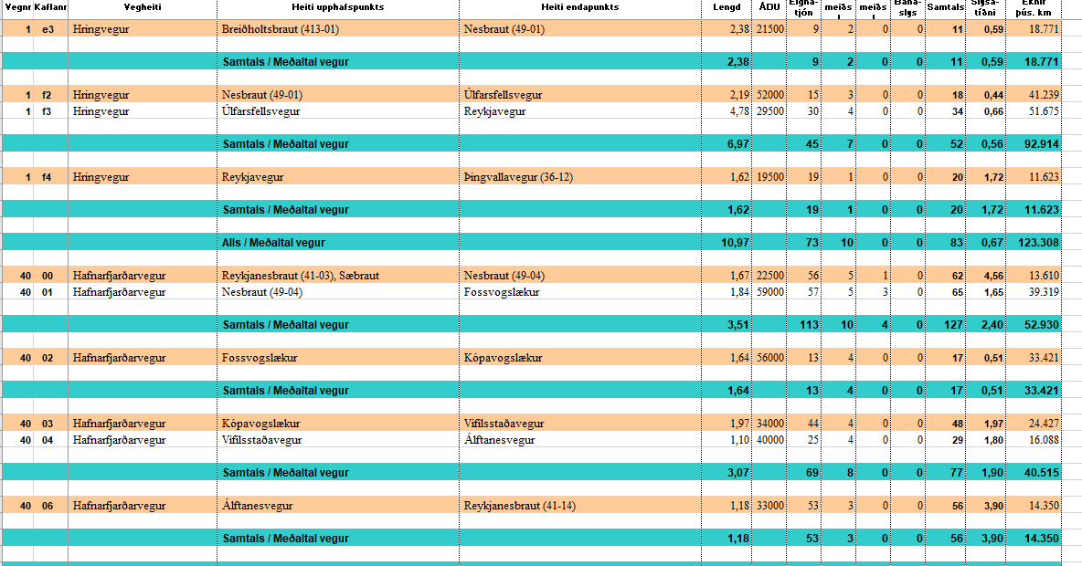 Skjámynd af excel skjalinu slysatíðni á höfuðborgarsvæði 2021