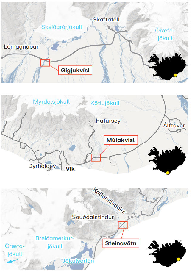 Flóðin urðu í þremur vatnsföllum: Gígjukvísl 1996, Múlakvísl 2011 og Steinavötnum 2017.
