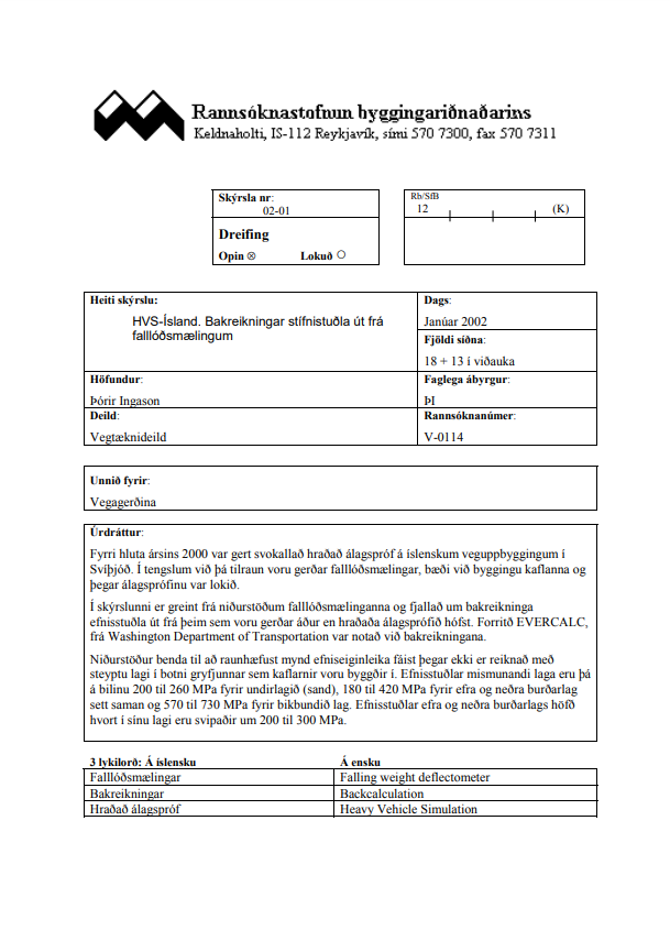 HVS-Ísland. Bakreikningar stífnistuðla út frá falllóðsmælingum