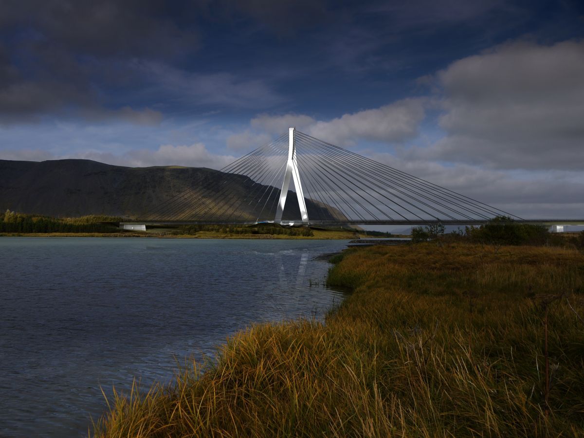 Teikning af brúnni séð úr suðri í ljósaskiptunum