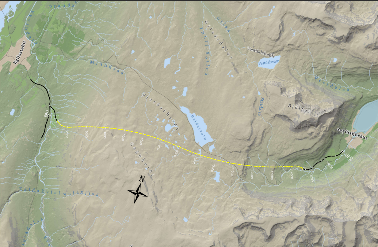 Tillaga að legu Fjarðarheiðarganga.