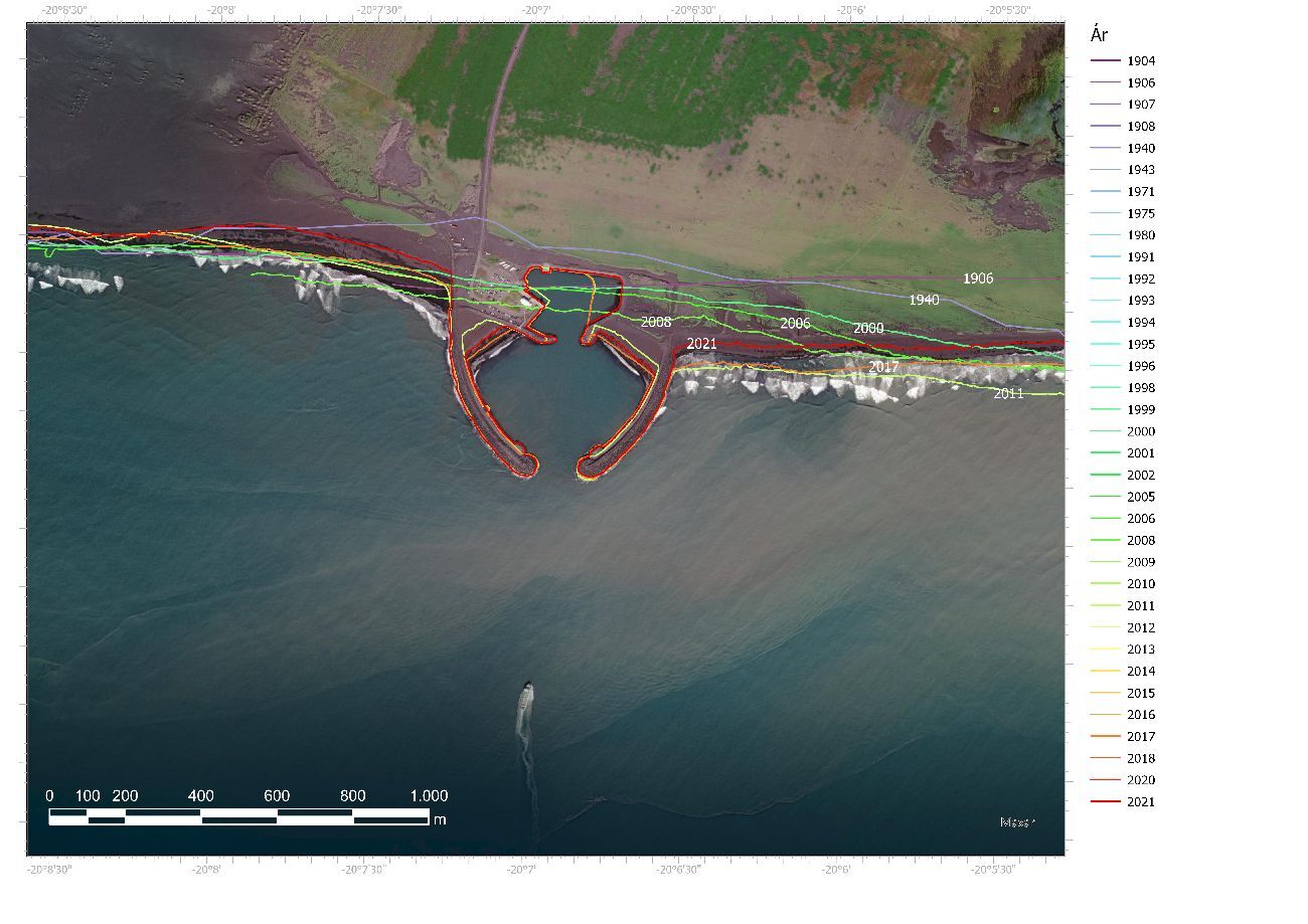 Hér má sjá strandlínubreytingar.