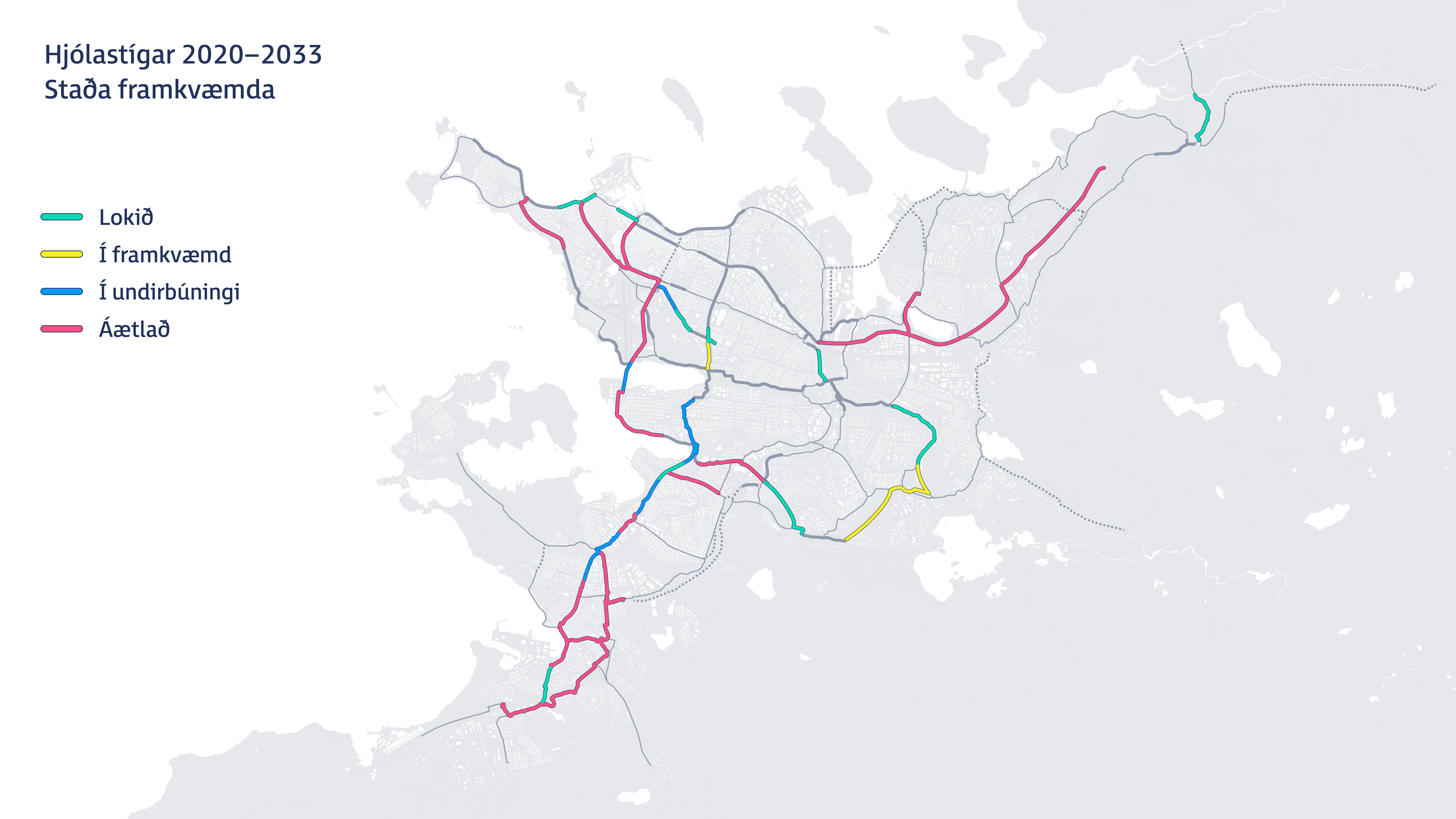Kort sem sýnir hjólastígaframkvæmdir á höfuðborgarsvæðinu.