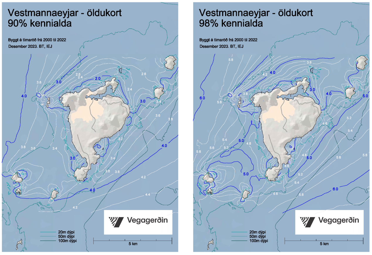 Vestmannaeyjar - öldukort 90% og 98% kennialda.