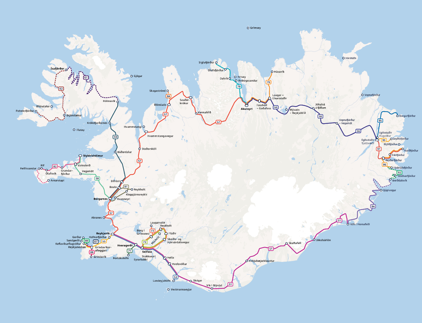 Leiðarkerfi landsbyggðarstrætós en frítt verður í strætó á bíllausa daginn 22. september.