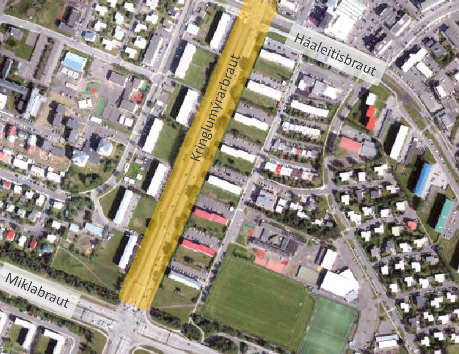 Kort af svæðinu. Kaflinn sem um ræðir er vestan megin á Kringlumýrarbraut, með akstursstefnu í suður.