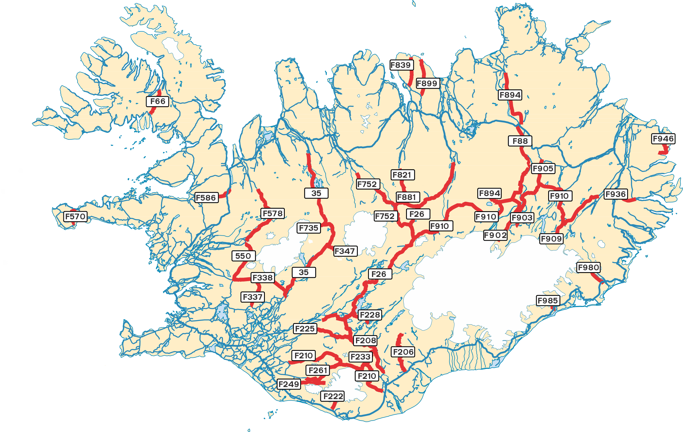 Map of important mountain roads in the Icelandic highlands, their designation, and locations.