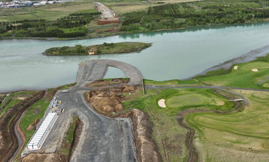 Aerial view of the construction area. River defences protecting from the powerful Ölfusá have been constructed on the eastern riverbank.