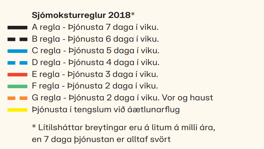 Snjómokstursreglur. Lítilsháttar breytingar eru á litum milli ára, en 7 daga þjónusta er alltaf svört.