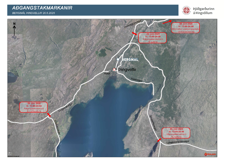 Image of the Þingvellir area denoting (in red) points where temporary access restrictions will be enforced.