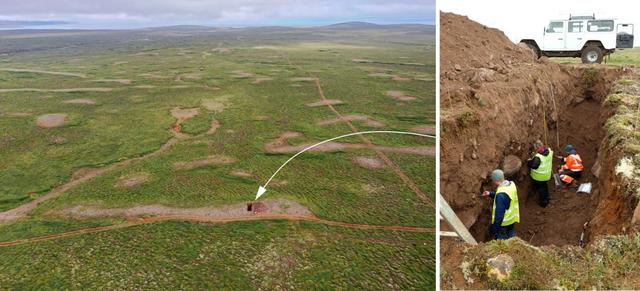 Yfirlitsmynd af hryggjum í Álandstungu í Þistilfirði. Horft til sjávar í norðaustri. Skurðir voru grafnir í tvo hryggi til að kanna setgerð og byggingarlag þeirra.
