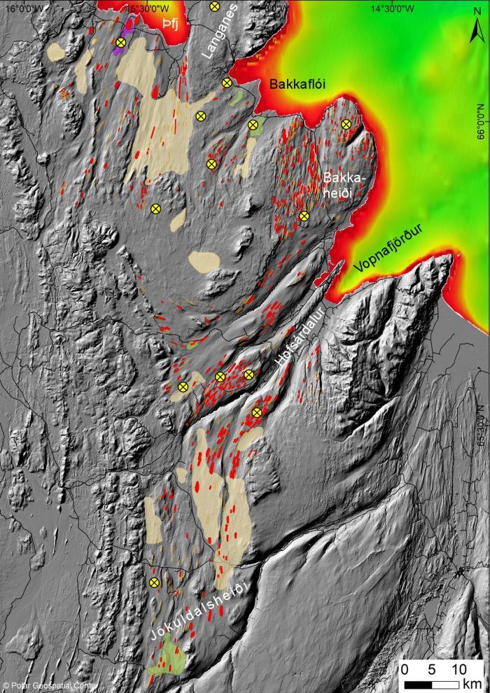 Rannsóknarsvæðið á Norðausturlandi. Nánari lýsing á myndinni er að finna neðst í greininni.
