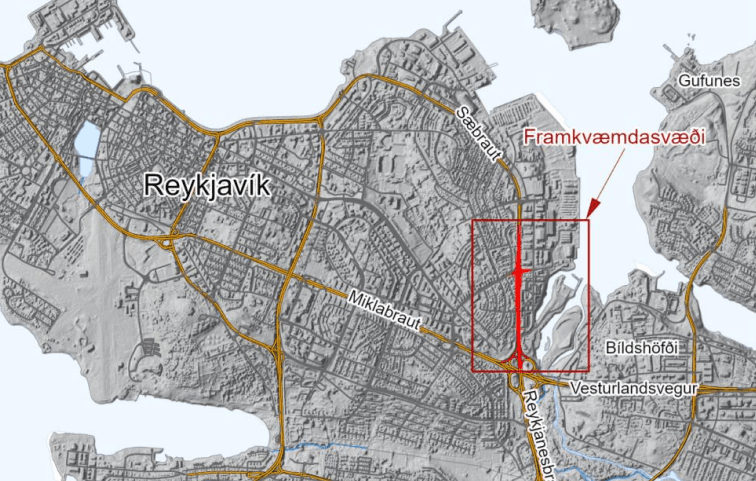 Aerial map of Reykjavík with the Sæbraut road tunnel highlighted in red.