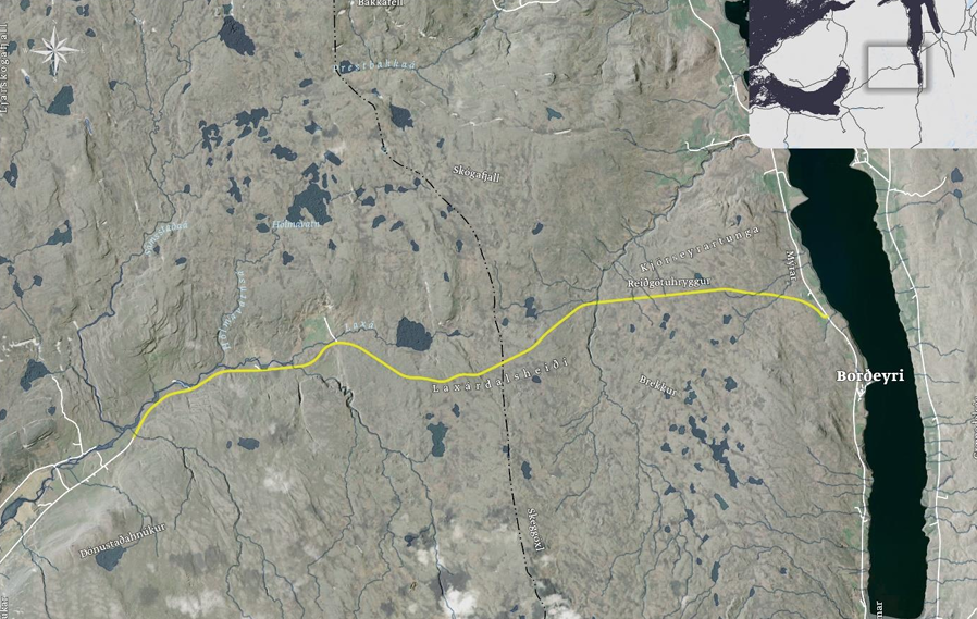 Mynd sýnir fyrirhugað framkvæmdasvæði á Laxárdalsvegi