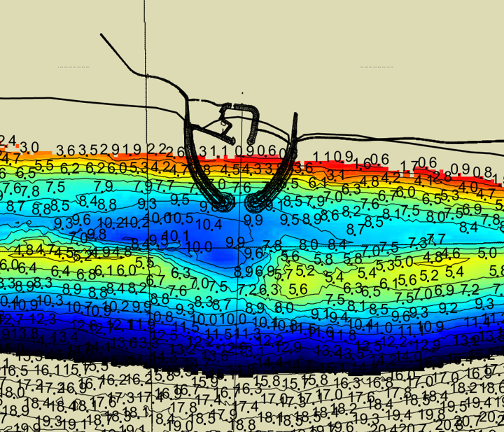 Dýptarmælingar við hafnarstæðið árið 2002. Þarna sést hylurinn og hliðið á rifinu.