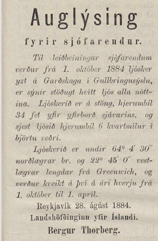 Auglýsing úr Suðri, Reykjavík 23. september 1884. Fyrsti vörðuvitinn á Garðskaga og annar ljósviti Íslands.