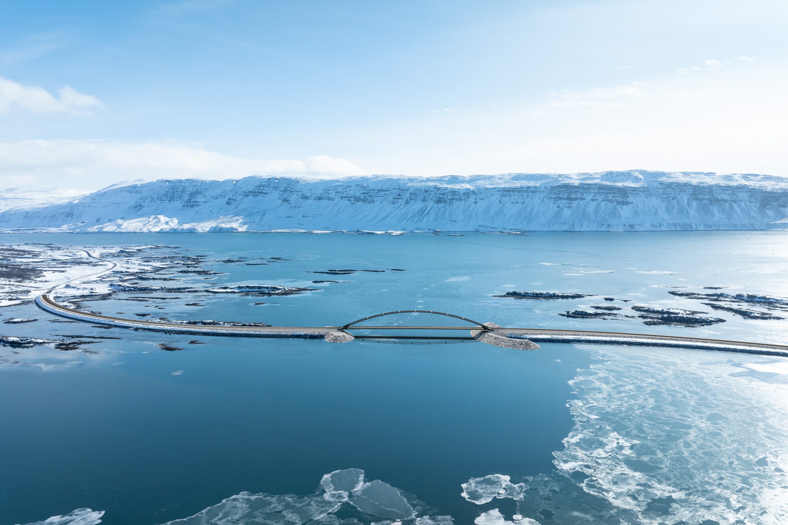 Tölvugerð mynd af brúnni yfir Djúpafjörð að vetri til.