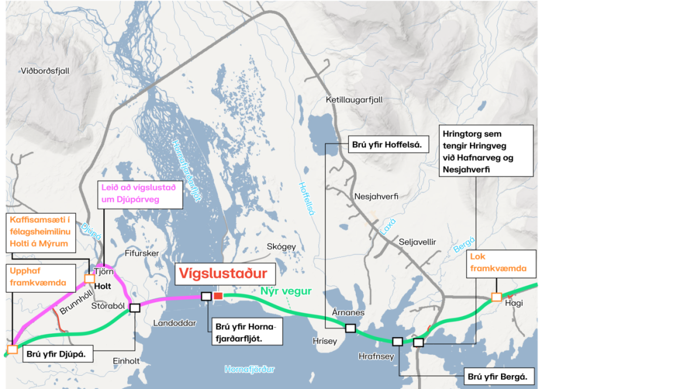 A map of Hornafjörður. The route marked in green denotes the new ring road. The route in purple shows the route to the ceremony through Djúpárvegur.