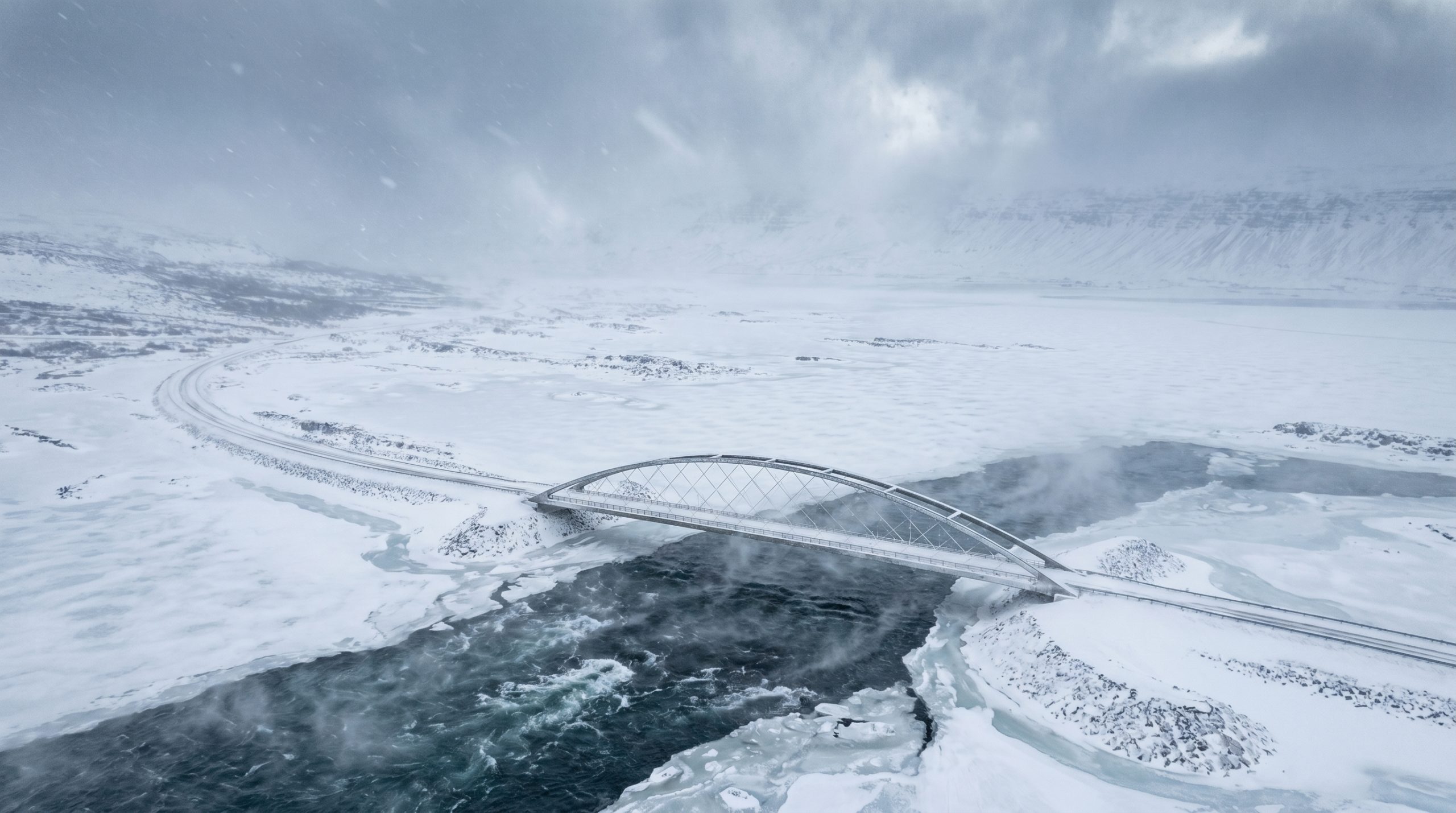Tölvugerð mynd af brúnni yfir Djúpafjörð um hávetur.