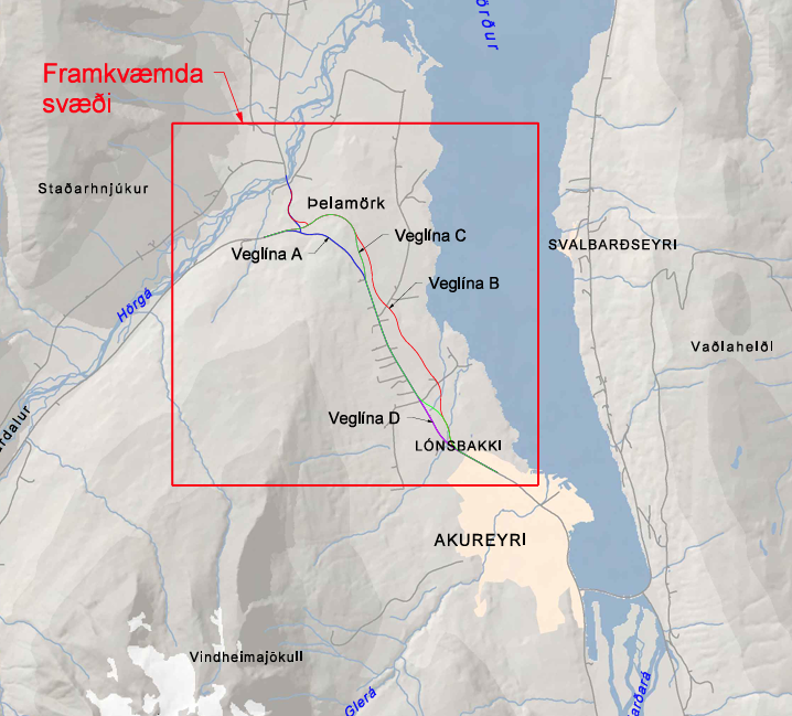 Fyrirhugað framkvæmdasvæði er á Hringvegi norðan Akureyrar.