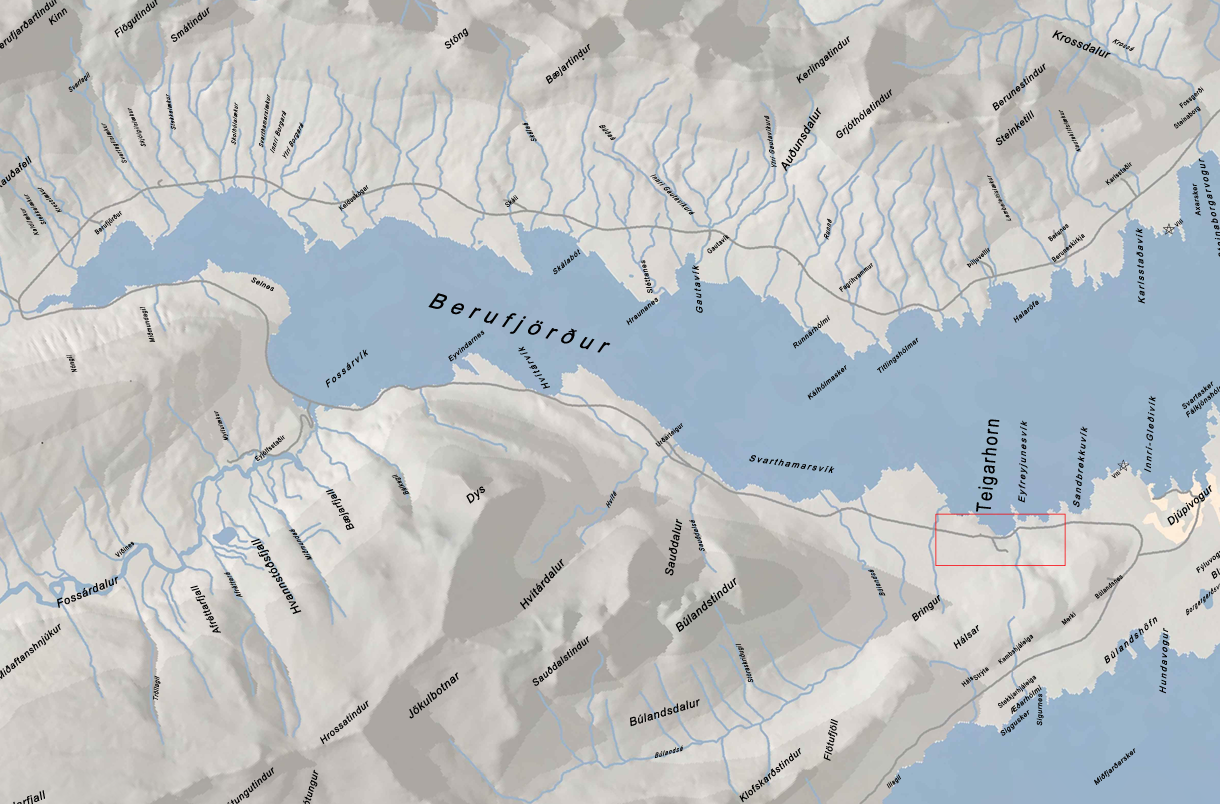 Framkvæmdarsvæði er staðsett rétt norðvestan við Djúpavog.