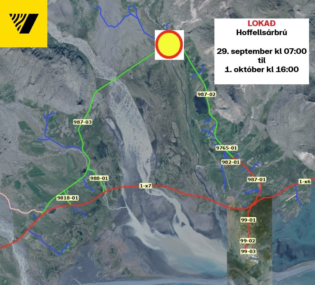Hoffellsárbrú á Hornafjarðarvegi (987) verður lokuð allri umferð frá kl. 07:00 þriðjudaginn 29. september til kl. 16:00 fimmtudaginn 1. október vegna viðgerða.