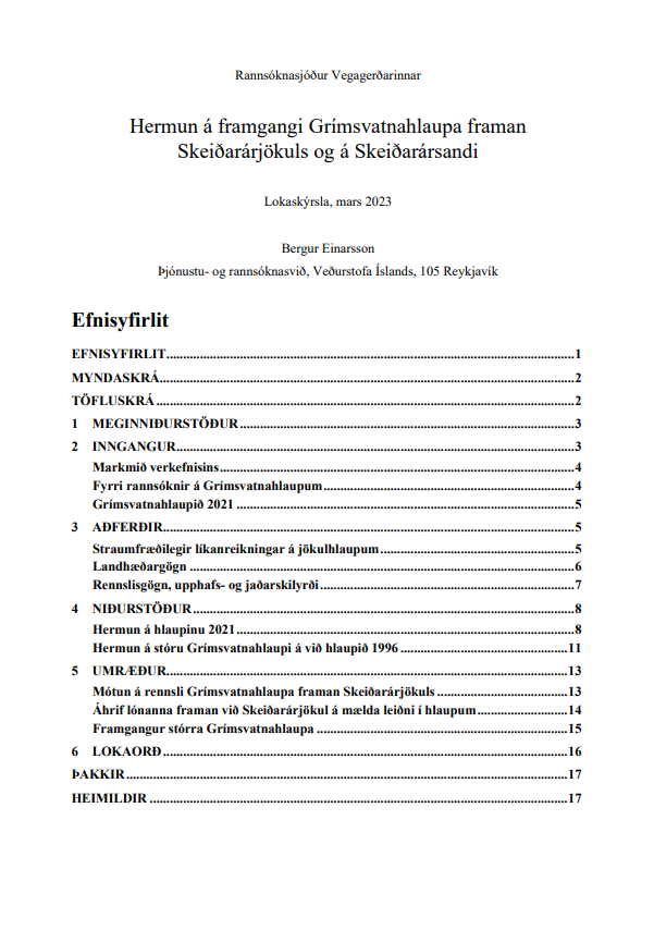 Hermun á framgangi Grímsvatnahlaupa framan Skeiðarárjökuls og á Skeiðarársandi