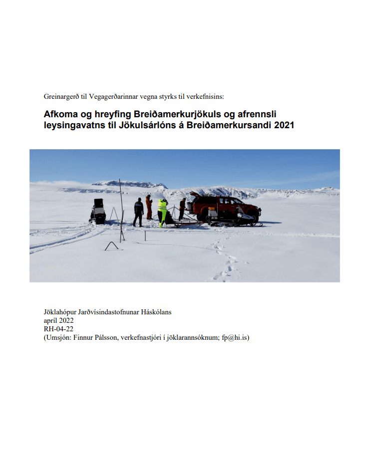 Forsíða skýrlsunnar afkoma og hreyfing Breiðmerkursjökuls og afrennsli
