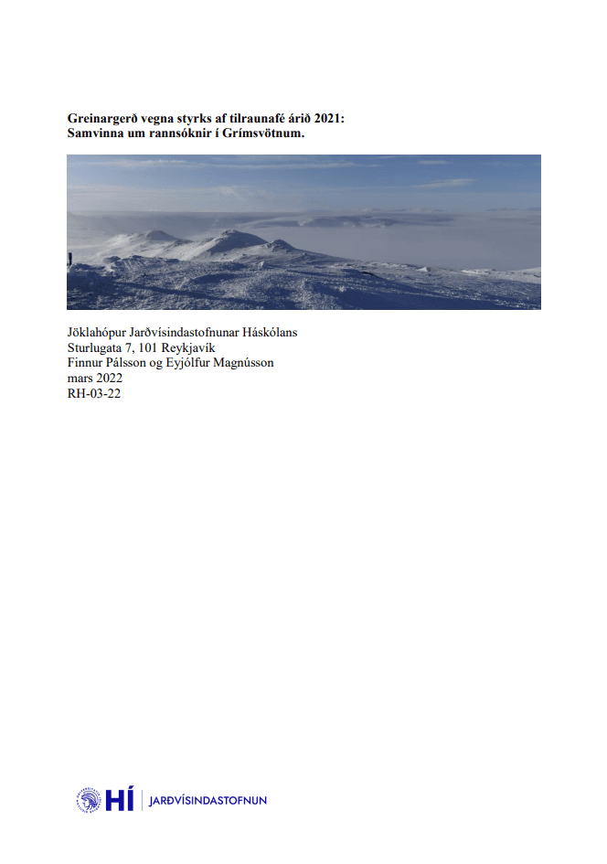 Forsíða skýrslunnar samvinna um rannsóknir í grímsvötnum