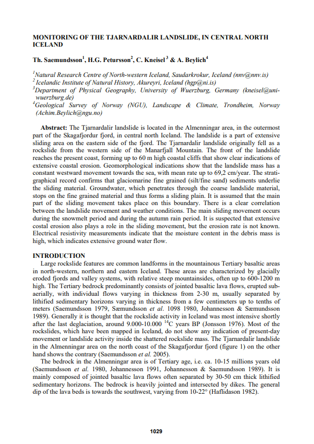 Monitoring of the Tjarnardalir landslide, in central North Iceland
