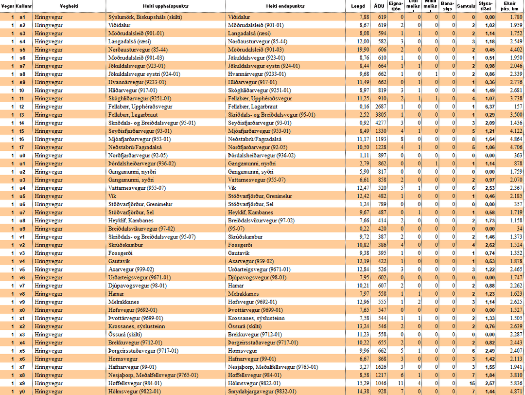 Mynd af excel skjalinu slysatíðni á Austursvæði 2018