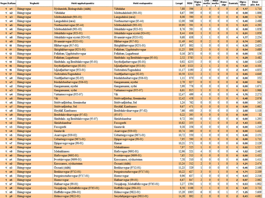 Mynd af excel skjalinu slysatíðni á Austursvæði 2019