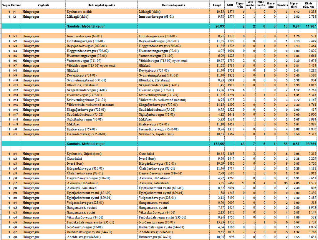 Mynd af excel skjalinu slysatíðni á Norðursvæði 2019