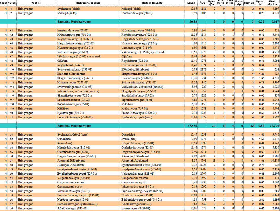 Mynd af excel skjalinu slysatíðni á Norðursvæði 2020