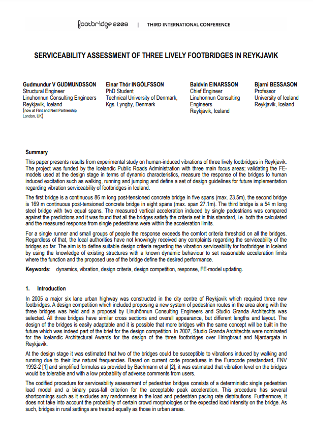 Serviceability assessment of three lively footbridges in Reykjavík