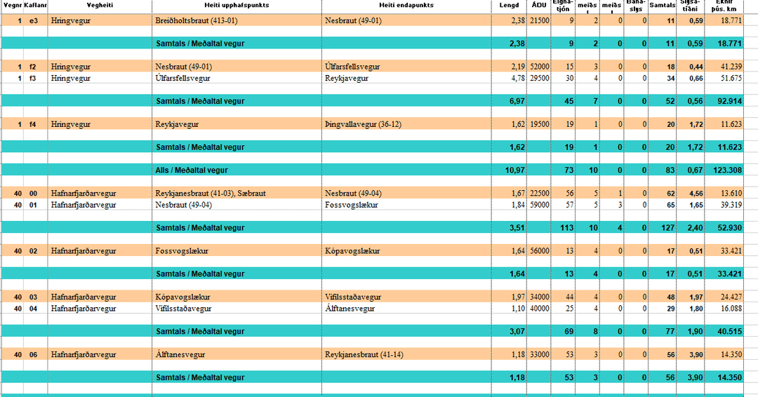 Skjámynd af excel skjalinu slysatíðni á höfuðborgarsvæði 2021