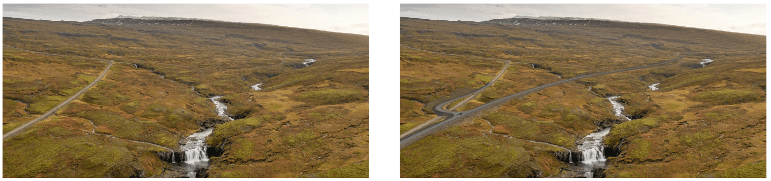 Vegamót við Skriðdals- og Breiðdalsveg - ný veglína á hægri mynd.