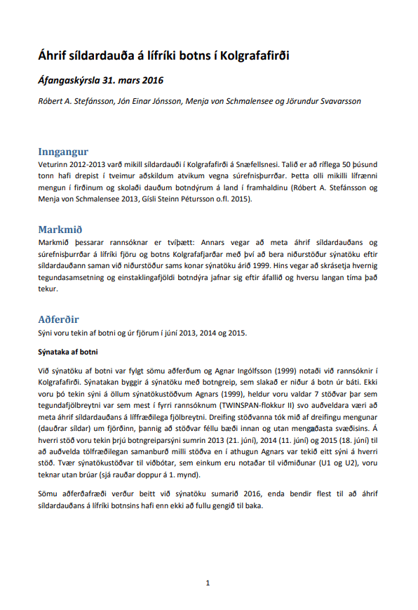 Áhrif síldardauða á lífríki botns í Kolgrafafirði - áfangaskýrsla 2015